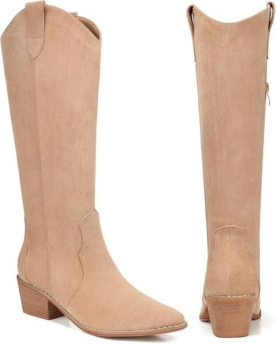 SHIBEVER Cowboy Boots for Women Knee High Suede Pointed Toe Cowgirl Boots Embroidered Pull-On Chunky Heel Western Boots in Kuwait