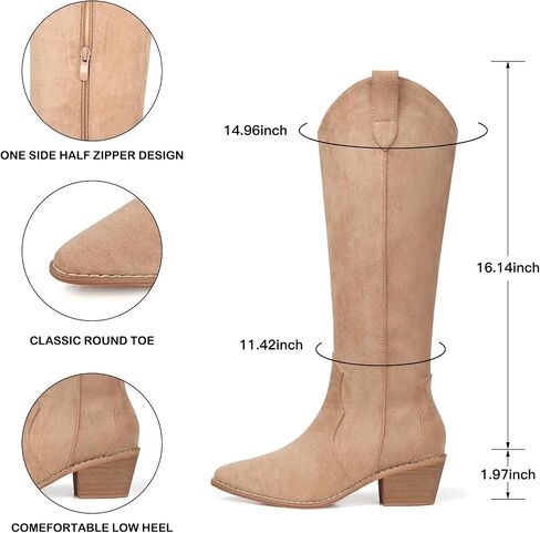 SHIBEVER Cowboy Boots for Women Knee High Suede Pointed Toe Cowgirl Boots Embroidered Pull-On Chunky Heel Western Boots in Kuwait