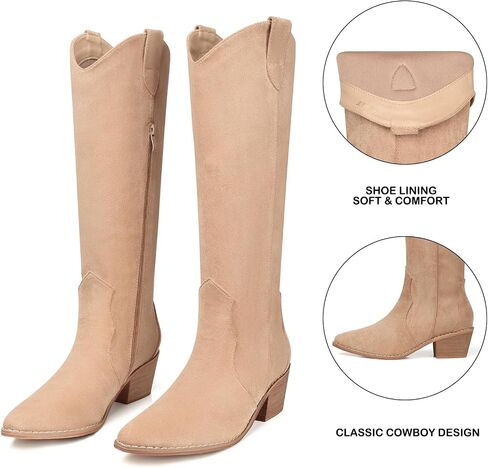 SHIBEVER Cowboy Boots for Women Knee High Suede Pointed Toe Cowgirl Boots Embroidered Pull-On Chunky Heel Western Boots in Kuwait