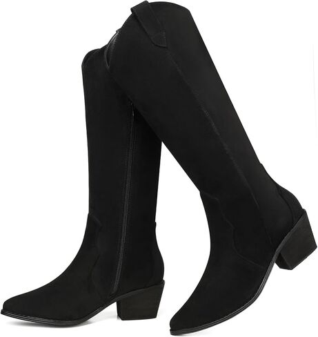 SHIBEVER Cowboy Boots for Women Knee High Suede Pointed Toe Cowgirl Boots Embroidered Pull-On Chunky Heel Western Boots in Kuwait