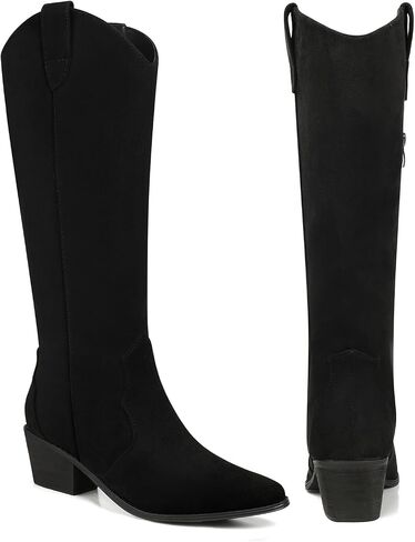 SHIBEVER Cowboy Boots for Women Knee High Suede Pointed Toe Cowgirl Boots Embroidered Pull-On Chunky Heel Western Boots in Kuwait
