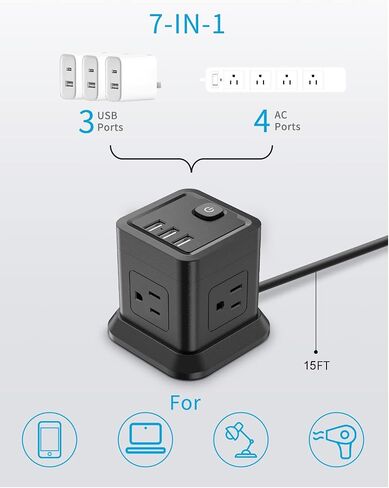 FDTEK Power Strip USB C, 4 Outlets 3 USB Ports 5 FT Extension Cord White in Kuwait