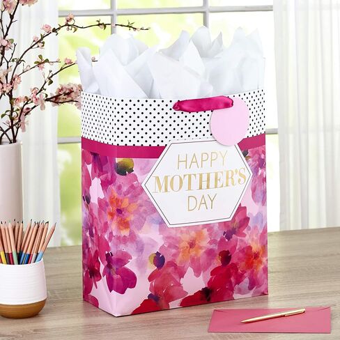 Hallmark 15" Extra Large Mother's Day Gift Bag with Tissue Paper (Bright Pink with Black Dots and Gold Foil) for Moms, Nanas, Grandmas in Saudi Arabia
