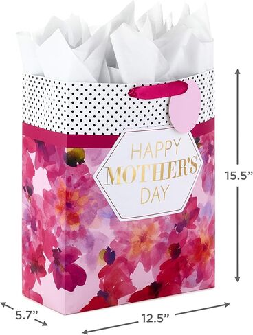 Hallmark 15" Extra Large Mother's Day Gift Bag with Tissue Paper (Bright Pink with Black Dots and Gold Foil) for Moms, Nanas, Grandmas in Saudi Arabia
