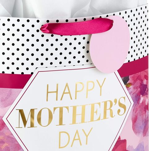 Hallmark 15" Extra Large Mother's Day Gift Bag with Tissue Paper (Bright Pink with Black Dots and Gold Foil) for Moms, Nanas, Grandmas in Saudi Arabia