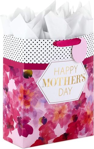 Hallmark 15" Extra Large Mother's Day Gift Bag with Tissue Paper (Bright Pink with Black Dots and Gold Foil) for Moms, Nanas, Grandmas in Saudi Arabia