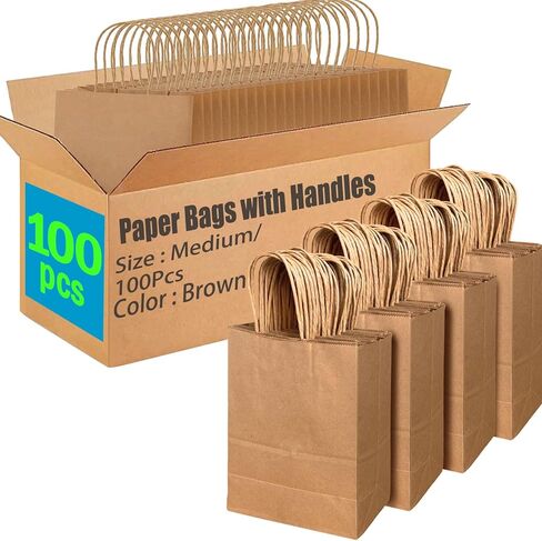 AlexHome 100 Pcs Brown Paper Bags with Handles,8x10x4 inch,Size Small-Medium,Paper Gift Bags,Kraft Paper Bags Bulk for Grocery/Business in Kuwait