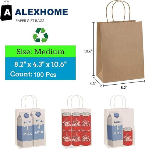 AlexHome 100 Pcs Brown Paper Bags with Handles,8x10x4 inch,Size Small-Medium,Paper Gift Bags,Kraft Paper Bags Bulk for Grocery/Business in Kuwait