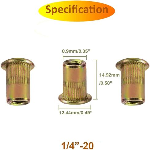 SCNUT 40 قطعة 1/4-20UNC صواميل برشام من الفولاذ الكربوني، رأس مسطح، صامولة إدراج ملولبة للمعادن مع جسم مخرش، صواميل مطلية بالزنك شديدة التحمل in Saudi Arabia