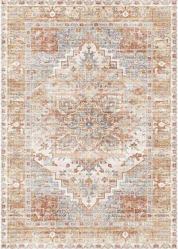 سجادة منطقة قابلة للغسل من Kokia مقاس 6x9 خفيفة الوزن ورقيقة للغاية وغير قابلة للانزلاق سجاد غرفة المعيشة عتيق مطبوع بوبر منخفض سجادة خفيفة الوزن لغرفة النوم وغرفة الطعام والمكتب والمنطقة الداخلية، أنيا برتقالية in Kuwait