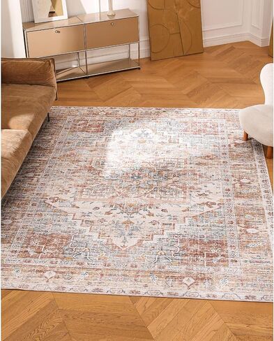 سجادة منطقة قابلة للغسل من Kokia مقاس 6x9 خفيفة الوزن ورقيقة للغاية وغير قابلة للانزلاق سجاد غرفة المعيشة عتيق مطبوع بوبر منخفض سجادة خفيفة الوزن لغرفة النوم وغرفة الطعام والمكتب والمنطقة الداخلية، أنيا برتقالية in Kuwait