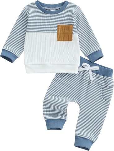 Toddler Baby Boys Fall Outfits Infant Long Sleeve Waffle Knit Clothing Sets 2pcs Color Block Winter Clothes in Kuwait