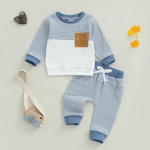 Toddler Baby Boys Fall Outfits Infant Long Sleeve Waffle Knit Clothing Sets 2pcs Color Block Winter Clothes in Kuwait