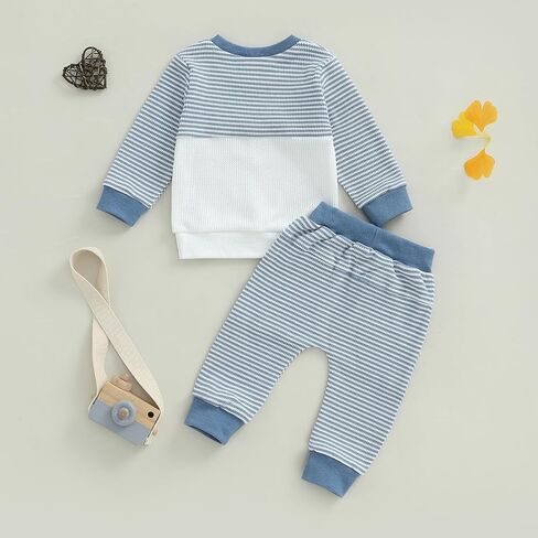 Toddler Baby Boys Fall Outfits Infant Long Sleeve Waffle Knit Clothing Sets 2pcs Color Block Winter Clothes in Kuwait