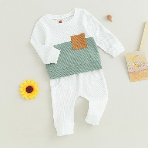Toddler Baby Boys Fall Outfits Infant Long Sleeve Waffle Knit Clothing Sets 2pcs Color Block Winter Clothes in Kuwait