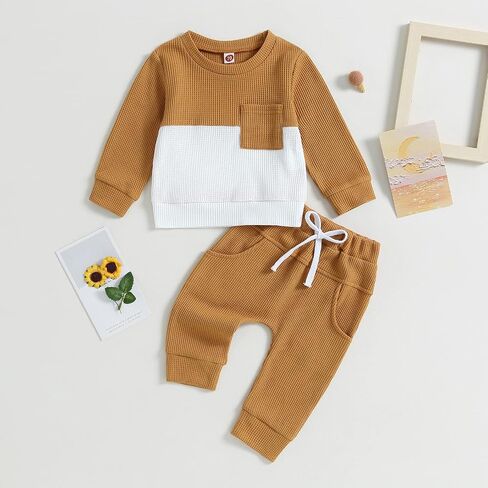 Toddler Baby Boys Fall Outfits Infant Long Sleeve Waffle Knit Clothing Sets 2pcs Color Block Winter Clothes in Kuwait