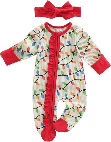 Newborn Baby Girl Christmas Outfit Lamp String Print Zipper Romper Long Sleeve Footies Jumpsuit Fall Winter Clothes in Saudi Arabia