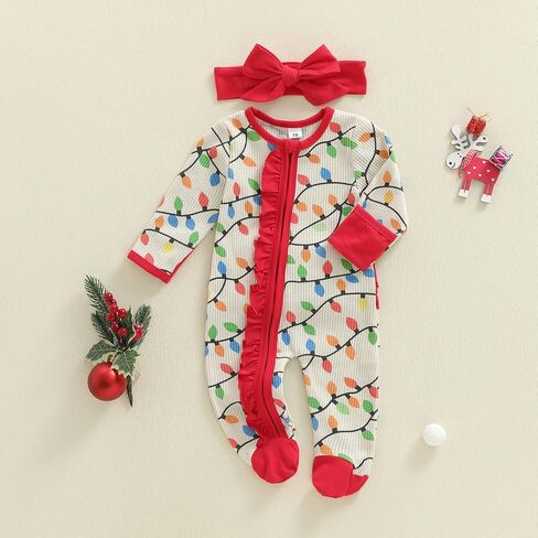 Newborn Baby Girl Christmas Outfit Lamp String Print Zipper Romper Long Sleeve Footies Jumpsuit Fall Winter Clothes in Saudi Arabia