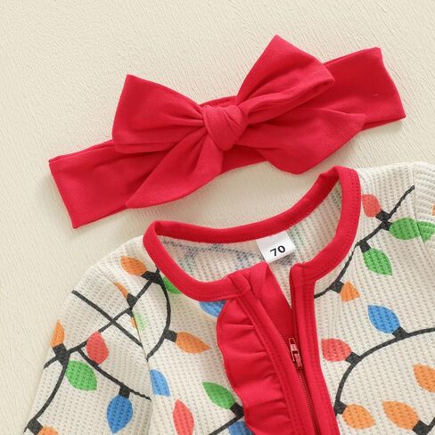 Newborn Baby Girl Christmas Outfit Lamp String Print Zipper Romper Long Sleeve Footies Jumpsuit Fall Winter Clothes in Saudi Arabia