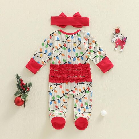 Newborn Baby Girl Christmas Outfit Lamp String Print Zipper Romper Long Sleeve Footies Jumpsuit Fall Winter Clothes in Saudi Arabia