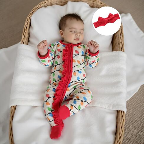 Newborn Baby Girl Christmas Outfit Lamp String Print Zipper Romper Long Sleeve Footies Jumpsuit Fall Winter Clothes in Saudi Arabia