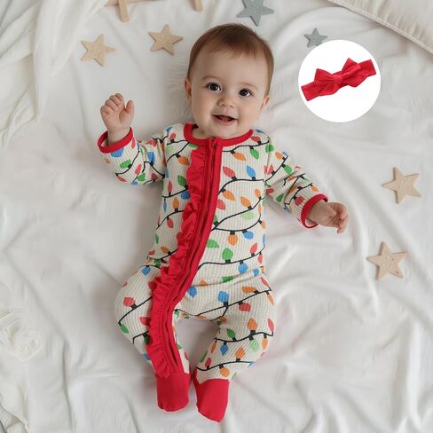 Newborn Baby Girl Christmas Outfit Lamp String Print Zipper Romper Long Sleeve Footies Jumpsuit Fall Winter Clothes in Saudi Arabia