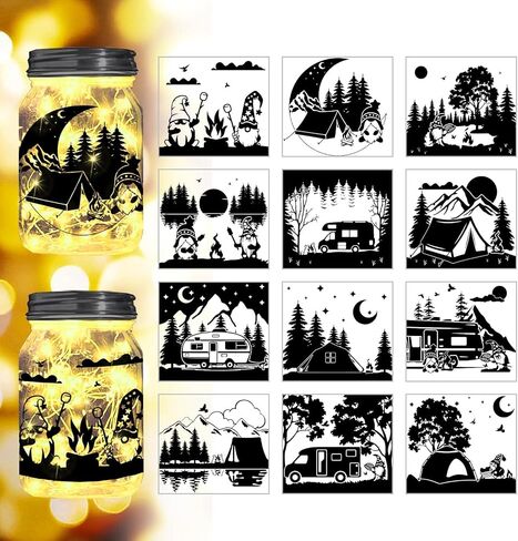 Gnome Dwarf Happy Campers Silhouette Cutouts for Mason Can Jars Glass Wishing Bottle Decor(No Stickers),12Pcs Reusable Silhouette for Lantern DIY Craft Kit Jar Decals Art Party Garden in Saudi Arabia