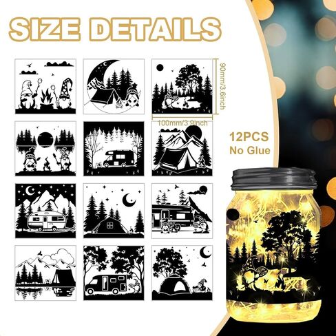 Gnome Dwarf Happy Campers Silhouette Cutouts for Mason Can Jars Glass Wishing Bottle Decor(No Stickers),12Pcs Reusable Silhouette for Lantern DIY Craft Kit Jar Decals Art Party Garden in Saudi Arabia