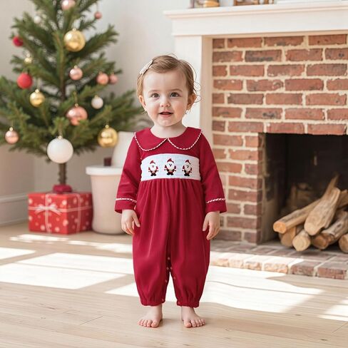 Newborn Baby Boy Girl Christmas Outfit Santa Smocked Romper Peter Pan Collar Long Sleeve Corduroy Jumpsuit Clothes in Saudi Arabia