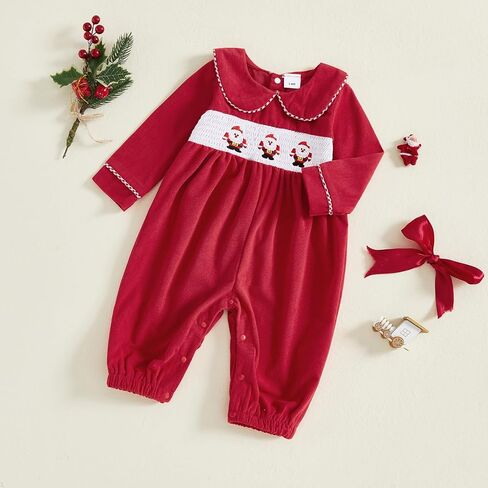 Newborn Baby Boy Girl Christmas Outfit Santa Smocked Romper Peter Pan Collar Long Sleeve Corduroy Jumpsuit Clothes in Saudi Arabia