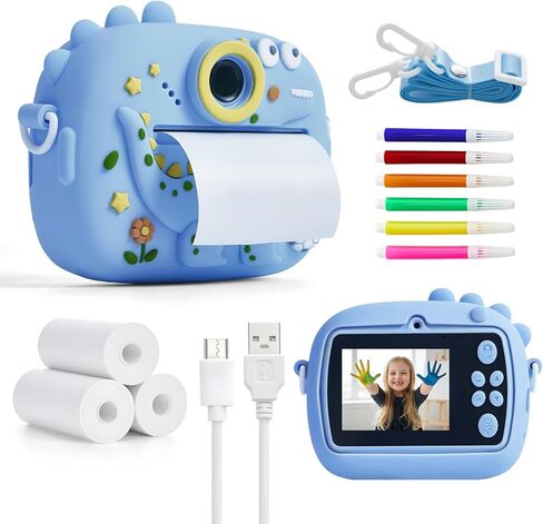 Kids Instant Print Camera with Dinosaur Silicone Cover,1080P HD Digital Video Cameras for Kids with Print Paper & SD Card,Christmas Birthday Gifts for Girls Boys 3-10 Years (Blue) in Saudi Arabia