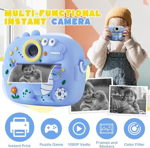 Kids Instant Print Camera with Dinosaur Silicone Cover,1080P HD Digital Video Cameras for Kids with Print Paper & SD Card,Christmas Birthday Gifts for Girls Boys 3-10 Years (Blue) in Saudi Arabia