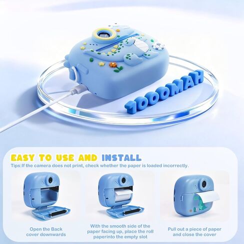 Kids Instant Print Camera with Dinosaur Silicone Cover,1080P HD Digital Video Cameras for Kids with Print Paper & SD Card,Christmas Birthday Gifts for Girls Boys 3-10 Years (Blue) in Saudi Arabia