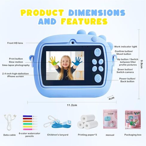 Kids Instant Print Camera with Dinosaur Silicone Cover,1080P HD Digital Video Cameras for Kids with Print Paper & SD Card,Christmas Birthday Gifts for Girls Boys 3-10 Years (Blue) in Saudi Arabia