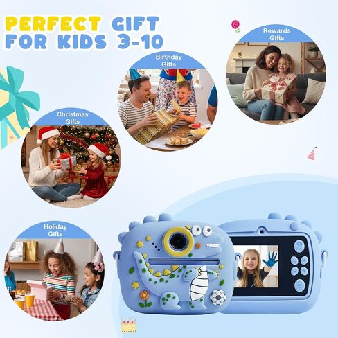 Kids Instant Print Camera with Dinosaur Silicone Cover,1080P HD Digital Video Cameras for Kids with Print Paper & SD Card,Christmas Birthday Gifts for Girls Boys 3-10 Years (Blue) in Saudi Arabia