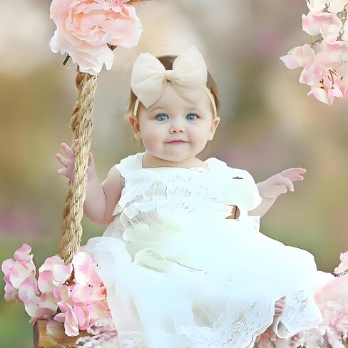 4 Pcs 4.5’’ Organza Lace Bow for Baby Girls White Headbands Pink Mesh Hair Bows Baby Shower Gifts for Newborn Infant Toddler Girl in Saudi Arabia