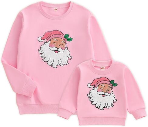 Christmas Mommy and Me Outfit Santa Embroidery Long Sleeve Sweatshirt Xmas Mom Son Daughter Matching Outfit in Saudi Arabia