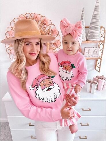 Christmas Mommy and Me Outfit Santa Embroidery Long Sleeve Sweatshirt Xmas Mom Son Daughter Matching Outfit in Saudi Arabia