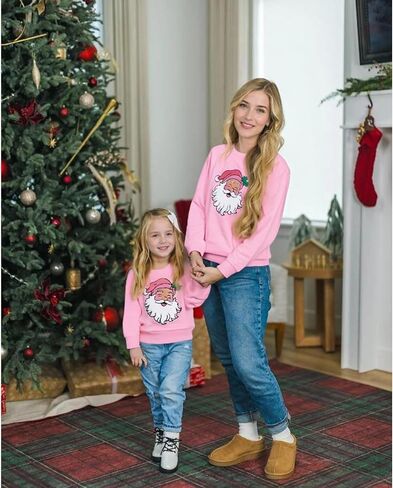 Christmas Mommy and Me Outfit Santa Embroidery Long Sleeve Sweatshirt Xmas Mom Son Daughter Matching Outfit in Saudi Arabia