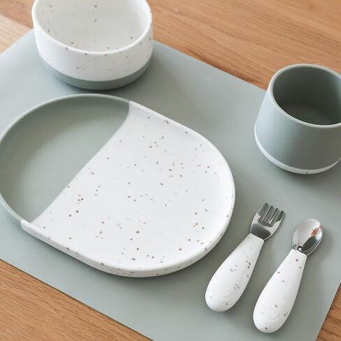 Yeah Baby Goods Silicone Plate for Highchair Trays & Full Set Tables - Duo-Toned, Modern Terrazzo Kids Plates - Dishwasher & Microwave Safe Plates - Non-Suction Baby Dishes (Sage/Brown Speckle) in Saudi Arabia