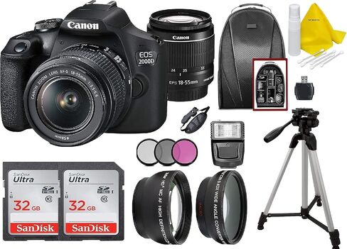 العروض النهائية كاميرا Canon EOS 2000D / Rebel T7 DSLR مع عدسة تكبير EF-S مقاس 18-55 مم + بطاقة ذاكرة SanDisk سعة 32 جيجابايت + حامل ثلاثي القوائم + حافظة + عدسات واسعة الزاوية + حزمة العقدة العلوية (متجددة) in Saudi Arabia