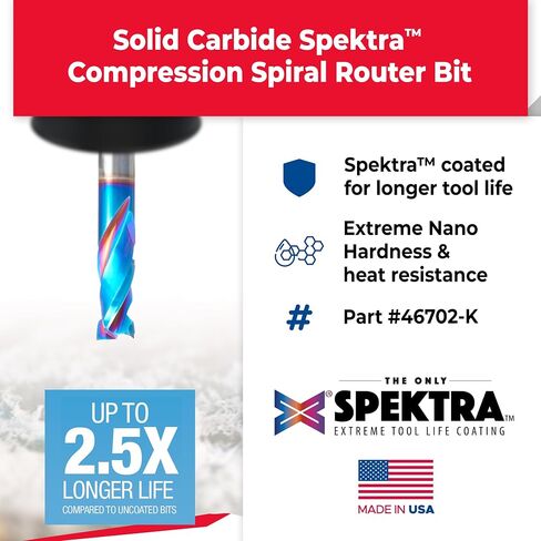 Amana Tool Spektra Extreme Tool Life Coated Solid Carbide CNC Compression Spiral Router Bit, 46702-K, 3/8 D x 7/8 CH x 3/8 Shank x 3 Inch Long 2 Flute for Birch Plywood in Saudi Arabia