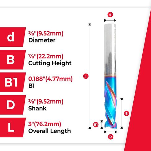 Amana Tool Spektra Extreme Tool Life Coated Solid Carbide CNC Compression Spiral Router Bit, 46702-K, 3/8 D x 7/8 CH x 3/8 Shank x 3 Inch Long 2 Flute for Birch Plywood in Saudi Arabia