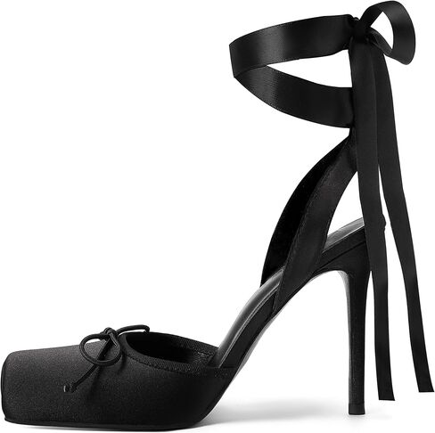 Vertundy Women's Satin Ballet Heels Lace Up Square Toe Stiletto High Bow Ballerina Heels in Saudi Arabia
