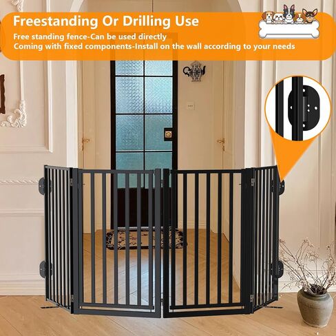 بوابة كلب قائمة بذاتها مع باب للأماكن الداخلية والخارجية، سياج محمول للكلاب، تصميم قابل للطي، معدن أسود بطول 81.28 سم، 4 ألواح قابلة للتوسيع تستخدم للباب الأمامي، الفناء، السلالم in Kuwait