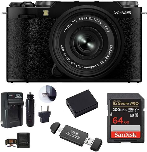 كاميرا FUJIFILM X-M5 بدون مرآة مع حزمة عدسات XC 15-45 مم، تتضمن: بطاقة ذاكرة SanDisk Extreme PRO SDXC سعة 64 جيجابايت وبطارية احتياطية والمزيد (6 عناصر) (أسود) in Saudi Arabia