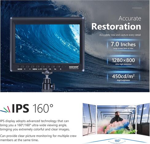 NEEWER F100 شاشة مراقبة ميدانية مقاس 7 بوصات + حامل حامل للشاشة، مساعدة فيديو عالية الدقة IPS 1280x800 مدخل HDMI 1080 بكسل مع مظلة ورأس كروي لـ DSLR/مثبت محمول (البطارية غير متضمنة) in Saudi Arabia