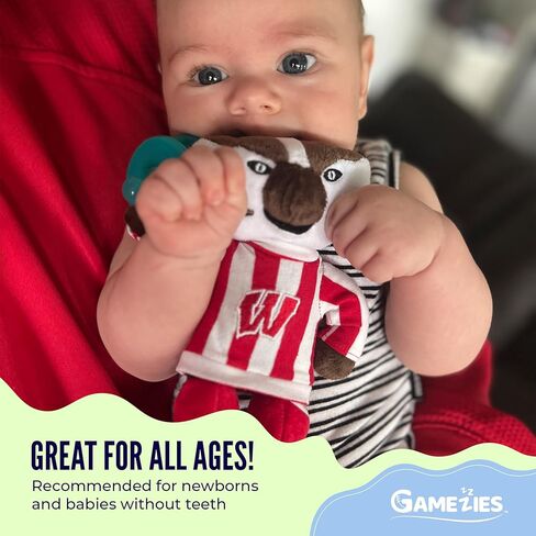 Gamezies Baby Boy and Girl سيليكون جامعة ويسكونسن مرخصة بشكل جماعي، ماديسون باكي بادجر التميمة القطيفة اللهاية التي تم اختبارها من قبل قانون تحسين سلامة المنتجات الاستهلاكية، لعبة قطيفة قابلة للإزالة والغسل، خالية من مادة BPA، من عمر 0 ​​إلى 6 أشهر in Kuwait