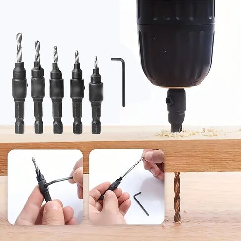 Hex Shank Countersink Drill Bit Set, High-Speed Steel Pilot Hole and Chamfer Bits, Adjustable Depth, 5-Piece Set with Wrench in Saudi Arabia
