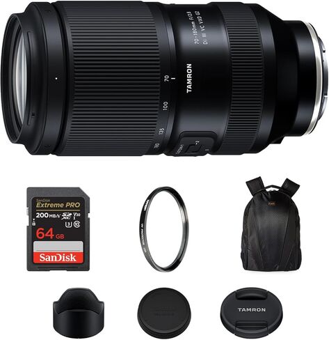 عدسة Tamron 70-180 مم f/2.8 Di III VC VXD G2 (Sony E) مع التركيز التلقائي السريع وتثبيت VC، وبطاقة Extreme PRO SDXC سعة 64 جيجابايت مع سرعة قراءة 200 ميجابايت/ثانية، وفلتر Tiffen 67 مم للأشعة فوق البنفسجية ومجموعة حقيبة ظهر للكاميرا in Kuwait